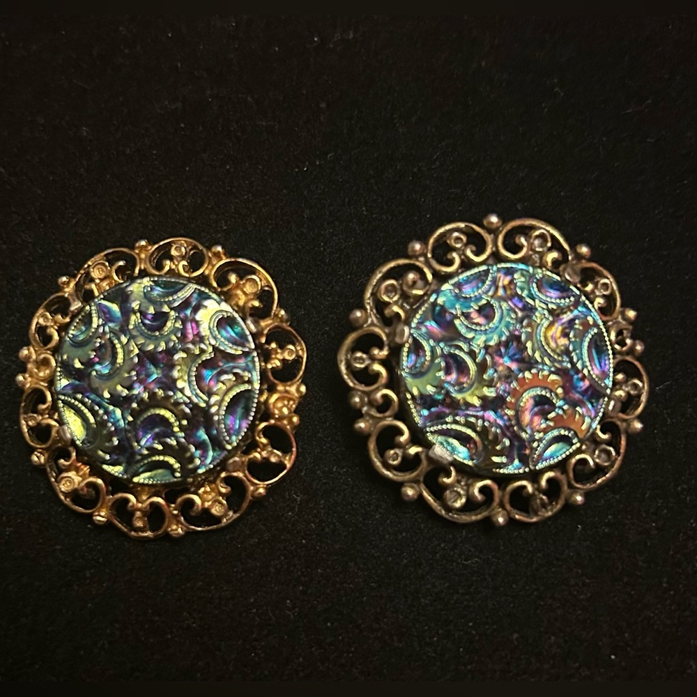 Coro Prestige Gold and Iridescent Blue Clip On Earrings